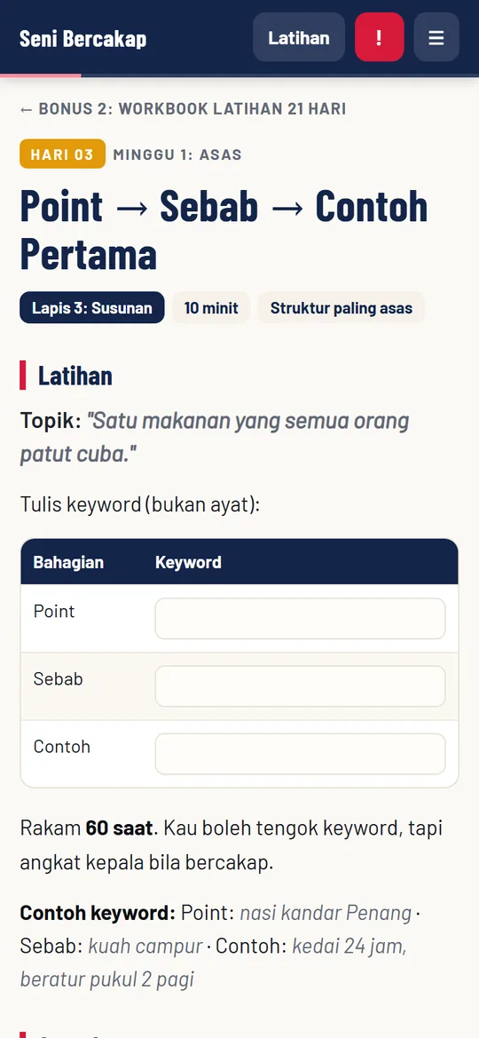 Workbook hari ketiga boleh diisi terus dalam app
